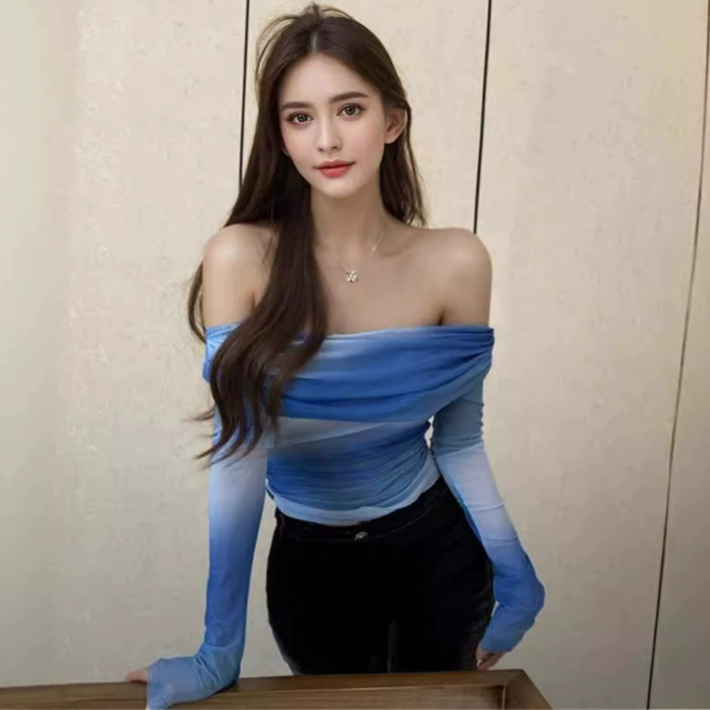 ZARA American Blue Print Off-Shoulder Long Sleeve Fitted Tee